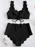 Solid Blue Two Pieces Swimsuit Bathing Suits Bikini Women Scalloped Textured High Waisted Bikini Set Lace Up Bathing Suits XXL