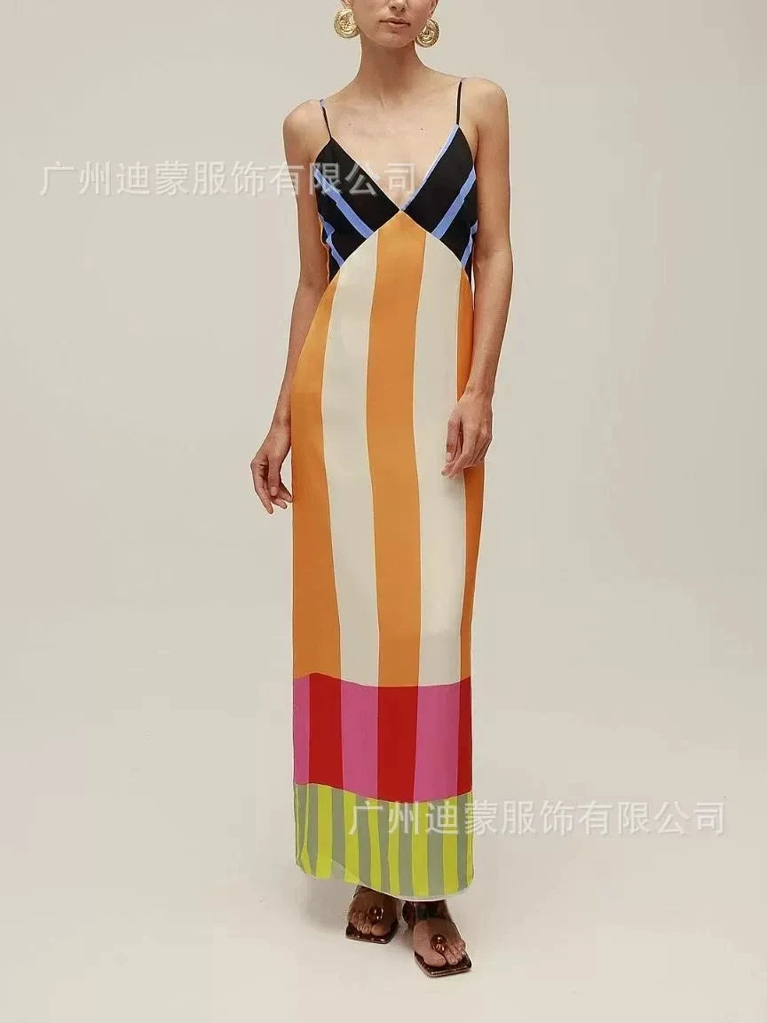 Elegant High Waist 2025 Party Long Dress Fashion Casual New Striped Colorful Women Sexy Spaghetti Strap Bohemian Mixi Dresses