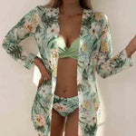 Boho Style Women's 3 Pieces Swimsuit Floral Bikini Set+Long Sleeve Cover-Up Swimwear Sexy Low Waist Tankinis Beachwear Holiday