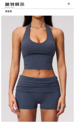 2PCS Yoga Set Women V-neck Cross Neck Shock-absorbing Sports Vest Workout Pleate Flip High Waist Shorts Gym Runing Fitness Suits