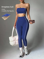 Women Strapless Bandeau Sports Bra Seamless High Waist Yoga Leggings Set Padded Workout Fitness Gym 2 Piece Outfits