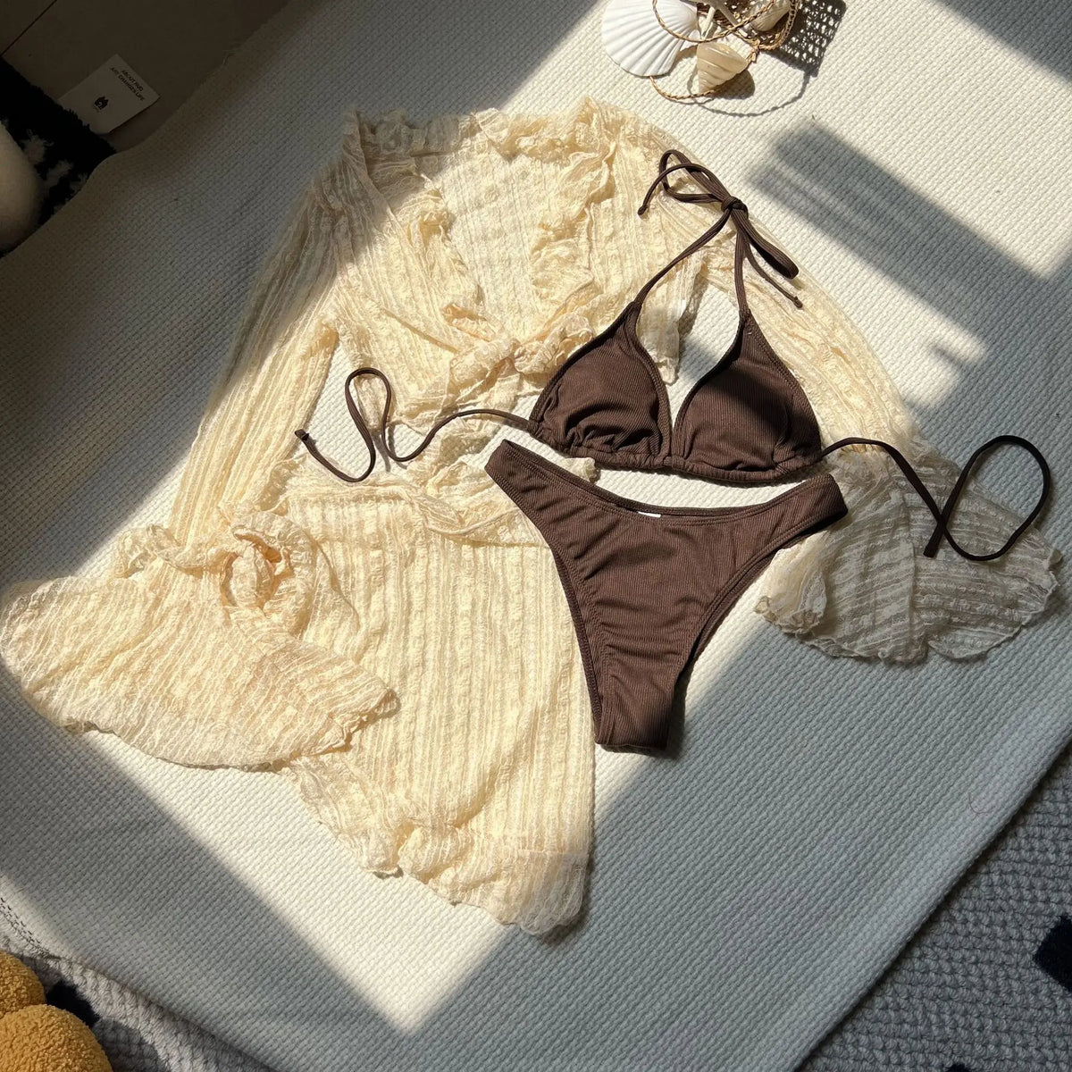 Women micro mini string bikini sets 4 pieces with mesh cover ruffles tops and skirt swimsuit bathing suit beach outfits biquini