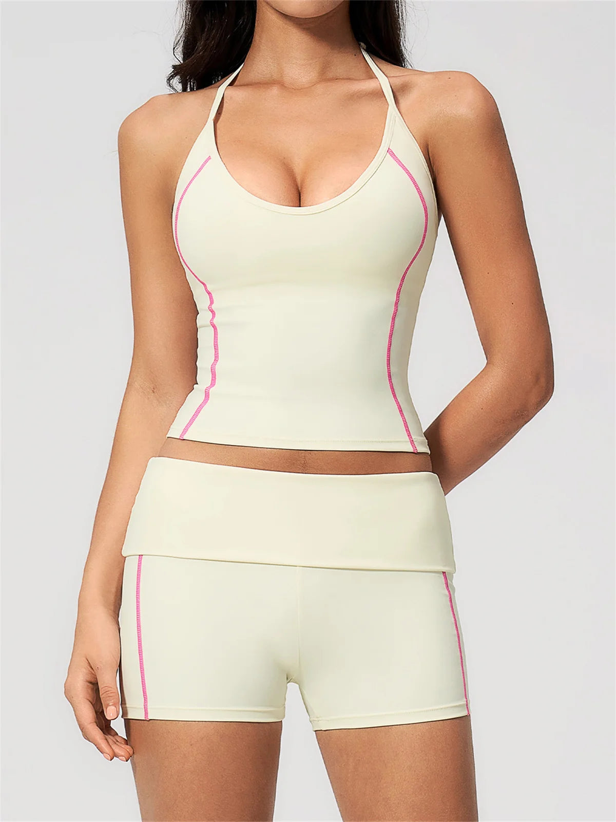 2PCS Women Yoga Sets Color Contrast Hanging Neck V Neck Slimming Sports Tank Top Flip High Waist Shorts Gym Running Fitness Suit
