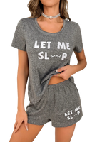 Women Pajama Set Gray Short Sleeve Top and Shorts with White Letter Print “LET ME SLEEP” Cute Casual Loungewear Sleepwear