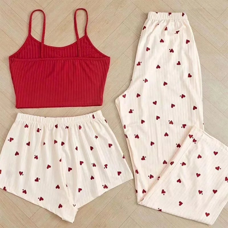 Three Piece Printed Vest Shorts and Bow Drawstring Pants Casual Women's Cute Heart-Shaped Print Paired with Home Pajamas Set