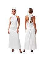 Women Summer Sexy Long Dress Sleeveless Halterneck Backless Solid Color Cocktail Dresses for Party