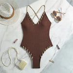 5 Colors V Neck Ribbed Cross Back One Piece Swimsuit Women Swimwear Female High Leg Cut MonokiniBather Bathing Suit Swim V6278