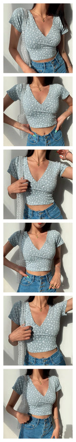 Summer French retro floral V-neck short-sleeved T-shirt Slim slimming wild high waist T-shirt women's top