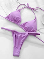PU Pleated Ruched Bikinis Mini Micro Thong Bikini Women Swimwear Female Swimsuit Two-pieces Bikini Set Halter Bathing Suit Swim