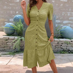 Women's Button Down Ruched Long Dress Summer Beach A-Line Swing Sundress Casual Short Sleeve V-Neck Maxi Dress