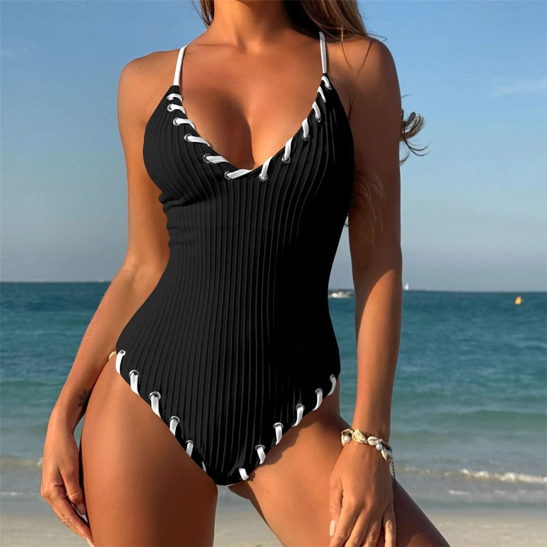 5 Colors V Neck Ribbed Cross Back One Piece Swimsuit Women Swimwear Female High Leg Cut MonokiniBather Bathing Suit Swim V6278