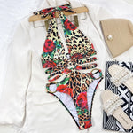 Sexy Rose Leopard Print Metal Ring Swimsuit One Piece Hollow Out Bikinis Swimwear Bodysuits Women Biquini Bathing Suits Tankini