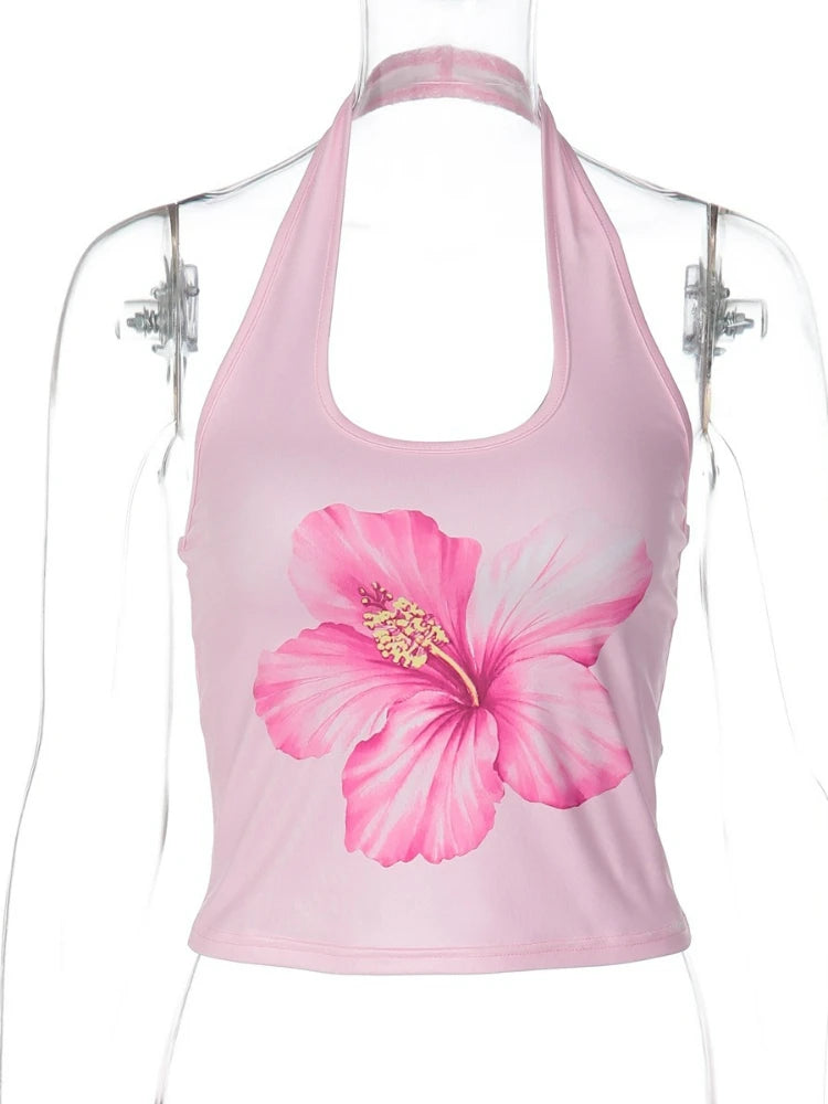 FDYOUI 2026 Summer Flower Print Pink Tank Tops for Women Casual Sexy Backless Crop Top Girls Sleeveless T-shirt Y2K Streetwear