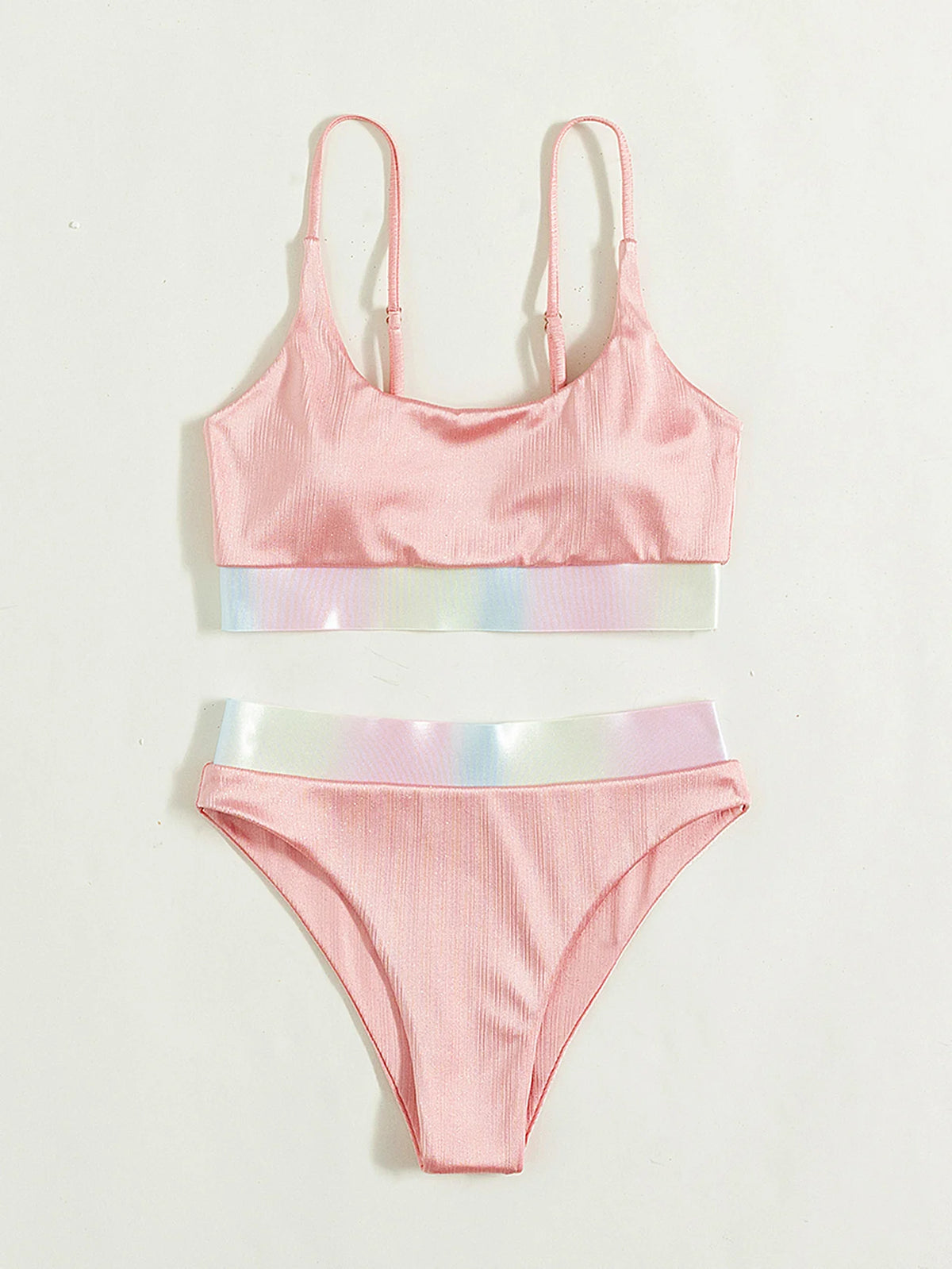 Shiny Pink Contrast Bikini Set Women Halter Push Up Patchwork High Waist Swimsuit 2025 Designer Bathing Suit Two Piece Swimwear
