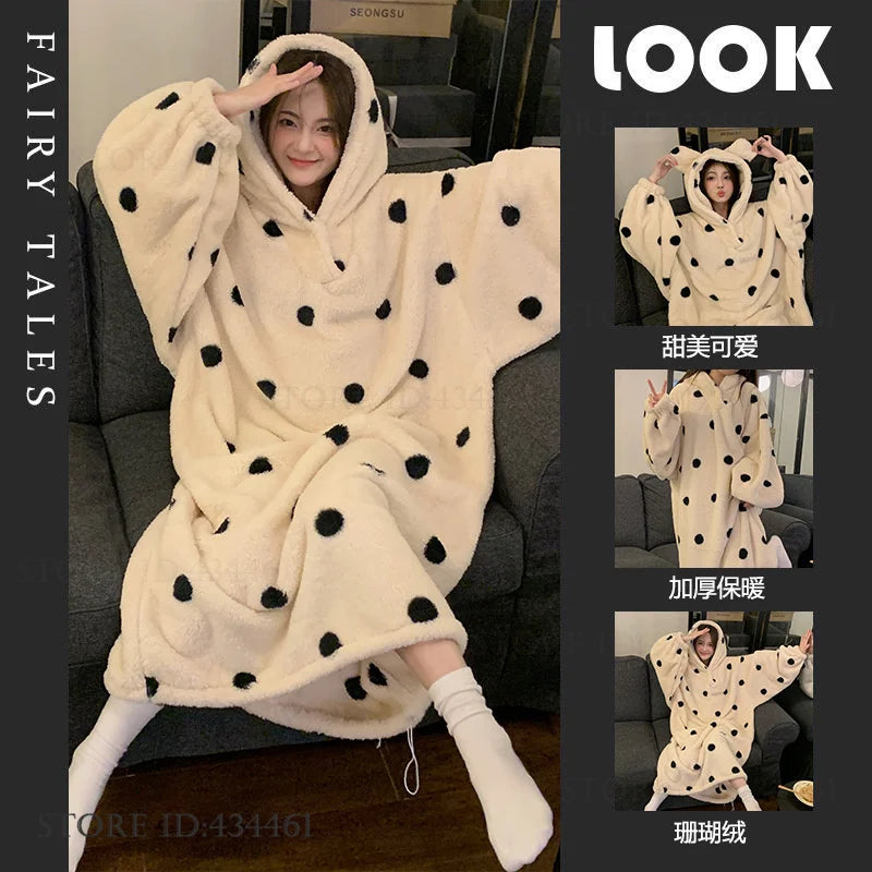 Thicken Flannel Cartoon Female Long Robe Hooded Nightgown Autumn Winter Sleepwear Home Clothes Loose Coral Fleece Warm Nightwear