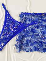 Sexy Shiny Sequin Blue White Bikini Set Women 3D Mesh Flower Cover Up 3 Piece Thong Swimsuit Beach Holiday Bathing Suit Swimwear