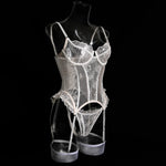 Embroidered flower underwear, sexy three-point mesh fishbone body shaping sexy suit with stockings