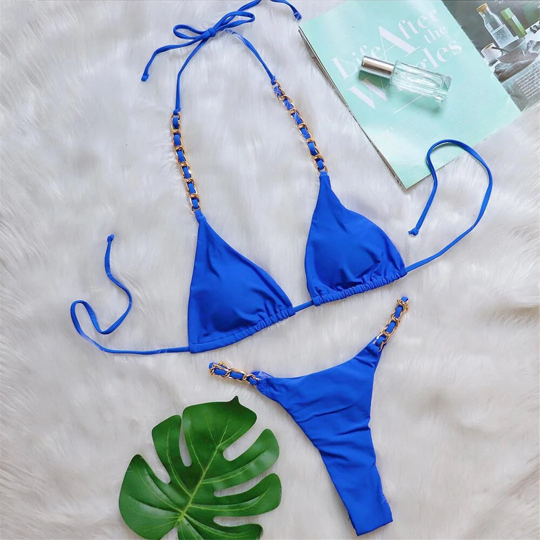 Metal Ring Halter Scrunch Butt Thong Bikini Women Swimwear Female Swimsuit Two-Pieces Bikini Set Bather Bathing Suit Swim V4391