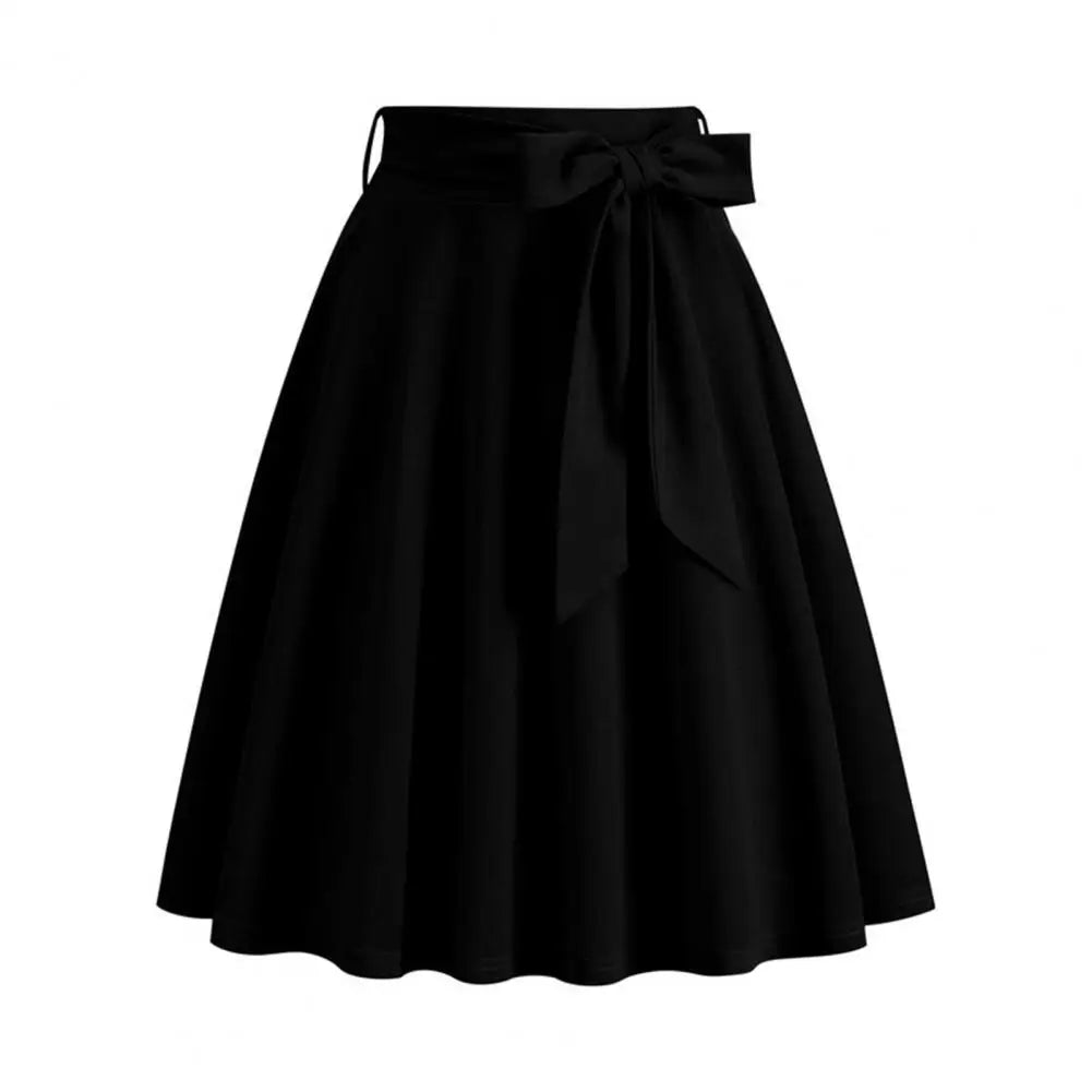 Women Skirt A-line Big Swing Belted Tight Waist Bow Decor Solid Color High Waist Soft Ruffle Summer Dating Party Midi Skirt
