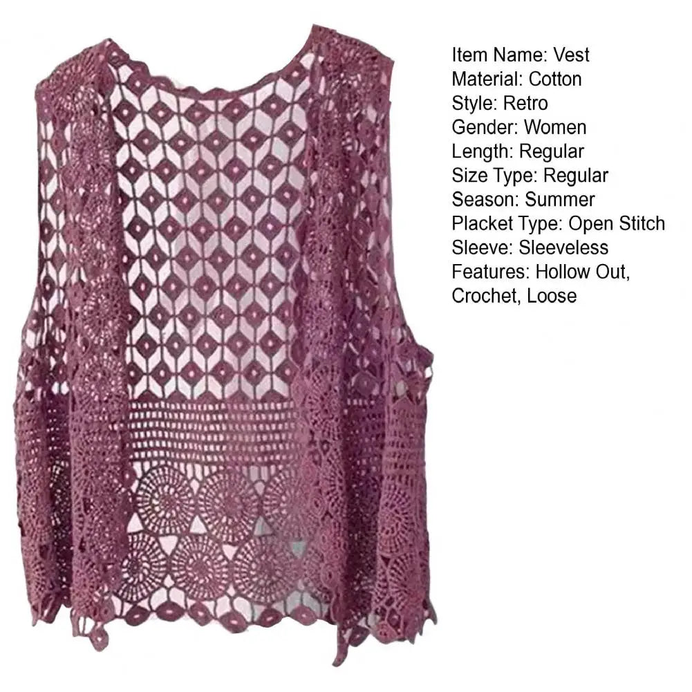 Women Summer Vest Hollow Out Retro Knitted Crochet Sleeveless Loose Open Stitch Thin Cardigan Daily Outwear Coat Top
