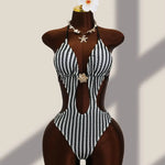 DEKA Striped Deep V Neck Halter One Piece Swimsuit Women Backless Swimwear Female High Leg Cut Monokini Bather Bathing Suit Swim