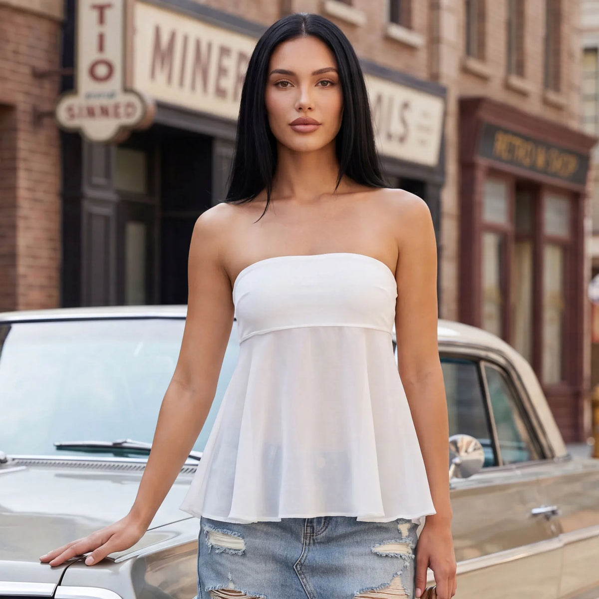 Women's Solid Color Back Tie-up Sheer Flowy Hem Vest Summer Strapless Mesh Tube Top Streetwear