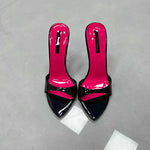 Patchwork Stiletto Heel Slippers Newest Pointed Open Toe One Strap Thin Heel Slip-on Sandals Sexy Big Size Dress Heels 12cm