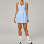 Hanging Neck Tennis Dress Women Solid Color Sleeveless Sports One Piece Pocket Suits Outdoor Running Fitness Yoga Golf Dresses