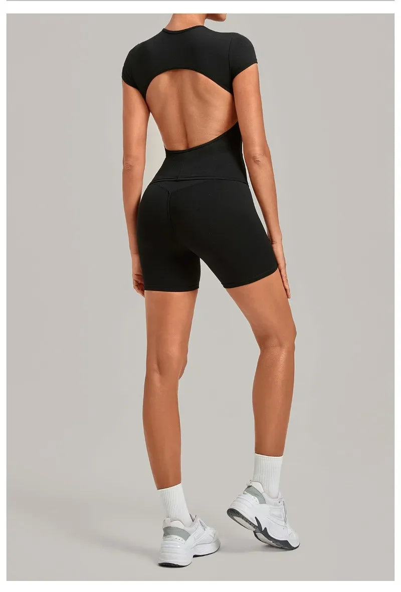 Women's Seamless Yoga Sets Sports Fitness Workout Hip-lifting High Waist Shorts Backless Short-sleeve Vest Suit Gym Training Set