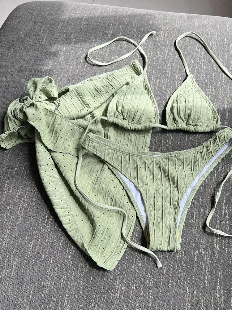 3pcs Sarong Beach Cover Up Skirt Wrinkled Bikini Women Swimwear Female Swimsuit Three-pieces Bikini Set Bathing Suit Swim Lady