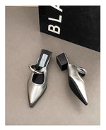 2026 New Summer Women Cover Toe Mules Slippers Fashion Metal Decoration Thick Heel Slide Shoes Comfort Street Style Footwear