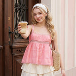 Women's Solid Color Babydoll Tank Tops Summer Stylish Lace Trim Loose Hem Square Neck Spaghetti Strap Sleeveless Camisoles