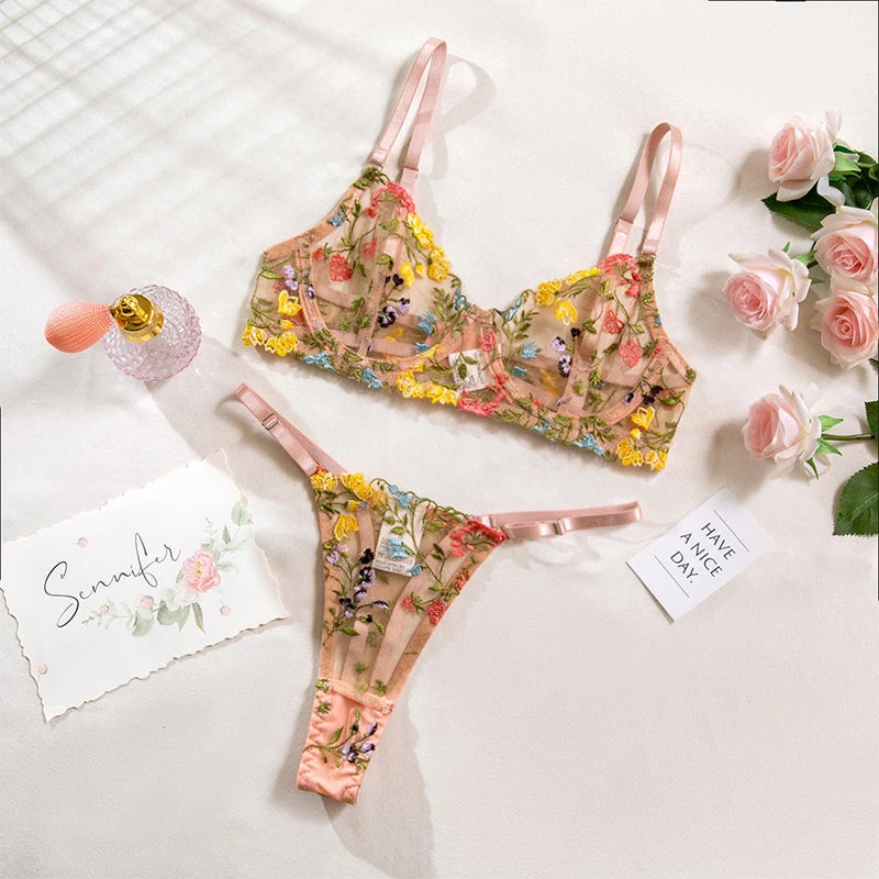 Sexy Floral Fancy Lingerie Lace Embroidery Fairy Seamless Tulle Underwear See Through Exotic Sets for Women Fahion Bilizna Set