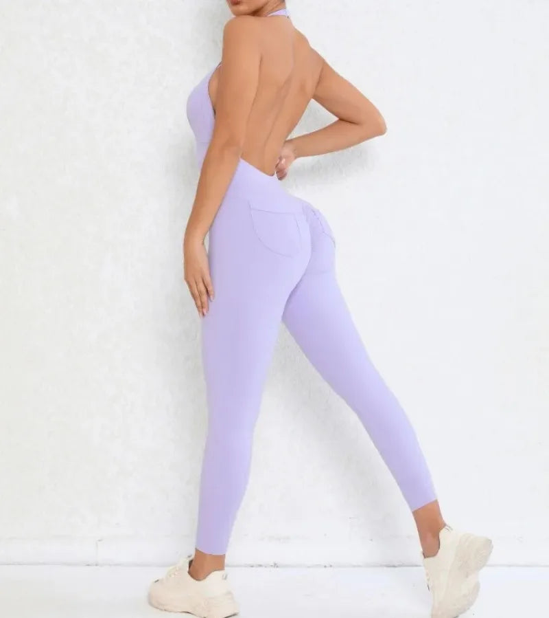Women's Seamless Yoga Jumpsuits Sports Fitness Peach Hip-lifting Beauty Backless One-piece Pocket Tight Workout Gym Bodysuit