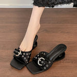 Sexy Black Rivet Slippers Square Toe Buckle Strap Strange Style Heel Sandals Outside 2025 Summer New French Style Women Shoes