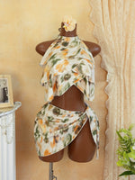 DEKA Tie Dye With Skirt Halter Cover Up Bikini Set Female Swimsuit Women Flower Swimwear Bather Bathing Suit Swim 4 Piece Bikini