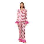 2 Piece Satin Pajama Set Women Feather Trim Long Sleeve Button Up Shirt Tops + Long Pants Set Sleepwear Loungewear
