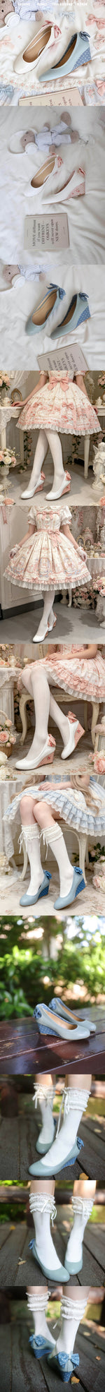 New High Heel Lolita Wedge Pumps Daily Floral Polka Dot Print Sweet Vintage Dress Heels Bow Tie Tea Party Cosplay Wedding Shoes