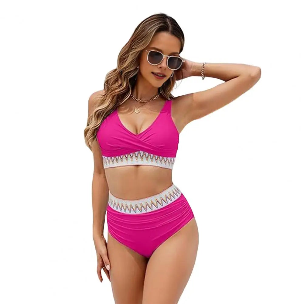 Woman Swimsuits V-Neck Tummy Control Women Bikini Set Removable Padding High Waist Bathing Suit For Vacation Women's Clothing