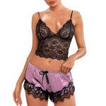 Women Pajama Set Lace Pajama Top Satin Shorts With Black Silk Bow And Lace Trim Sexy Lace Camisole Set Ladies Sleepwear Outfit