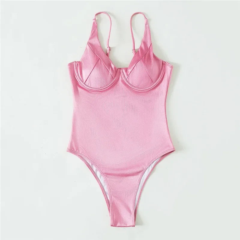 Sexy Pink Push Up Ladies Swimwear One Piece Swimsuit Women 2026 Underwired Bodysuits Bathers High Cut Bathing Swimming Suit Wear
