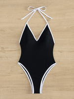 Sexy Deep V Neck One Piece Swimsuit 2025 Women Black Contrast Push Up Backless Slim Tummy Control Swimwear Beach Pool Bather