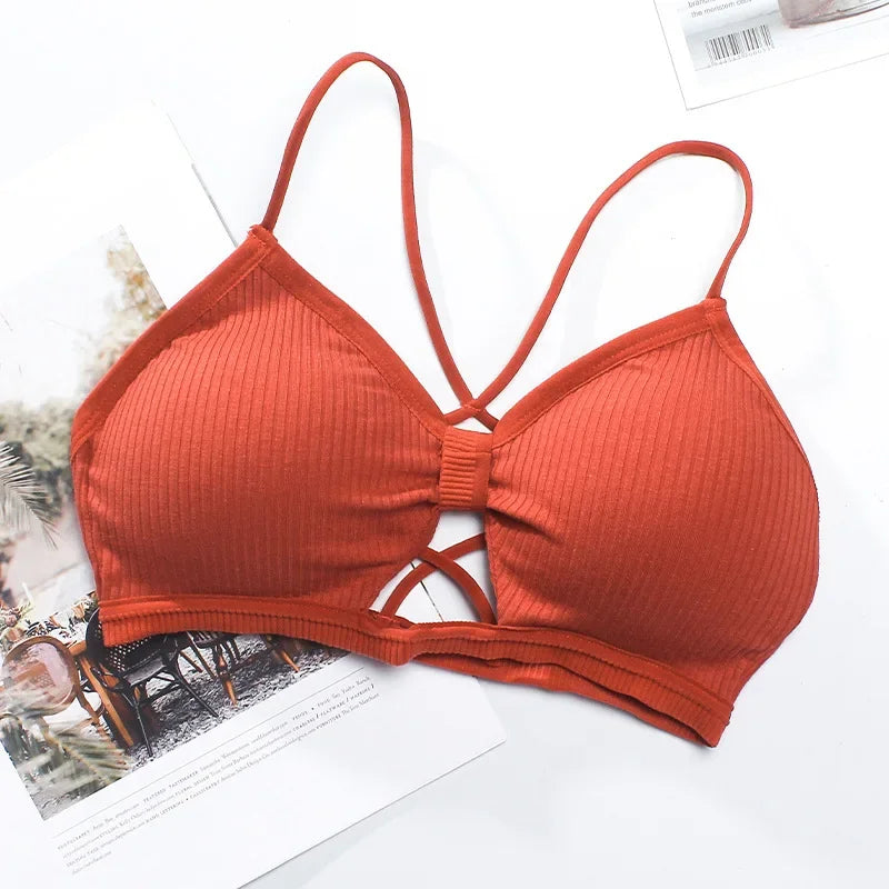 Front Hollow Out Ribbed Bralette Criss Cross Back Thin Straps Removable Chest Pads Wireless Bra Breathable Daily Underwear