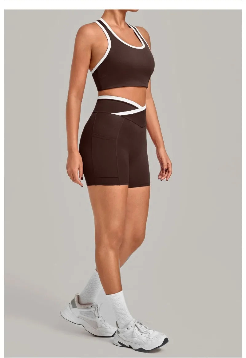 Women's Seamless Yoga Sets Sports Fitness High Waist Hip-lifting Shorts Back Beauty Sleeveless Suits Gym Training Workout Sets