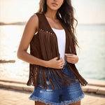 Women Tassel Fringe Vest Sleeveless Solid Waistcoat V Neck Open Front Cardigan Vintage Hippie Clothes Cowboy Cosplay Jacket