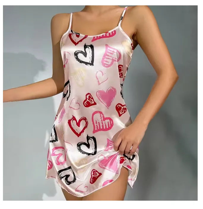 Ladies Sexy Sling Nightgown Nightdress Women's Sexy Lingerie Silk Satin Sleepwear Floral Pinting Nightwear Homewear Mini Dress