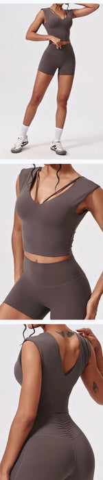 Naked Yoga Sets Women Gym V Neck Slim Sports Vest High Waist Shorts 2 Piece Fitness Suits Outwear Running Workout Tracksuit