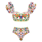 2025 New 2-Piece Shoulder Ruffle Swimsuit With Cover Up Sexy Women Swimwear Push Up Biquini Bathsuit Bodysuit Beachwear Dress