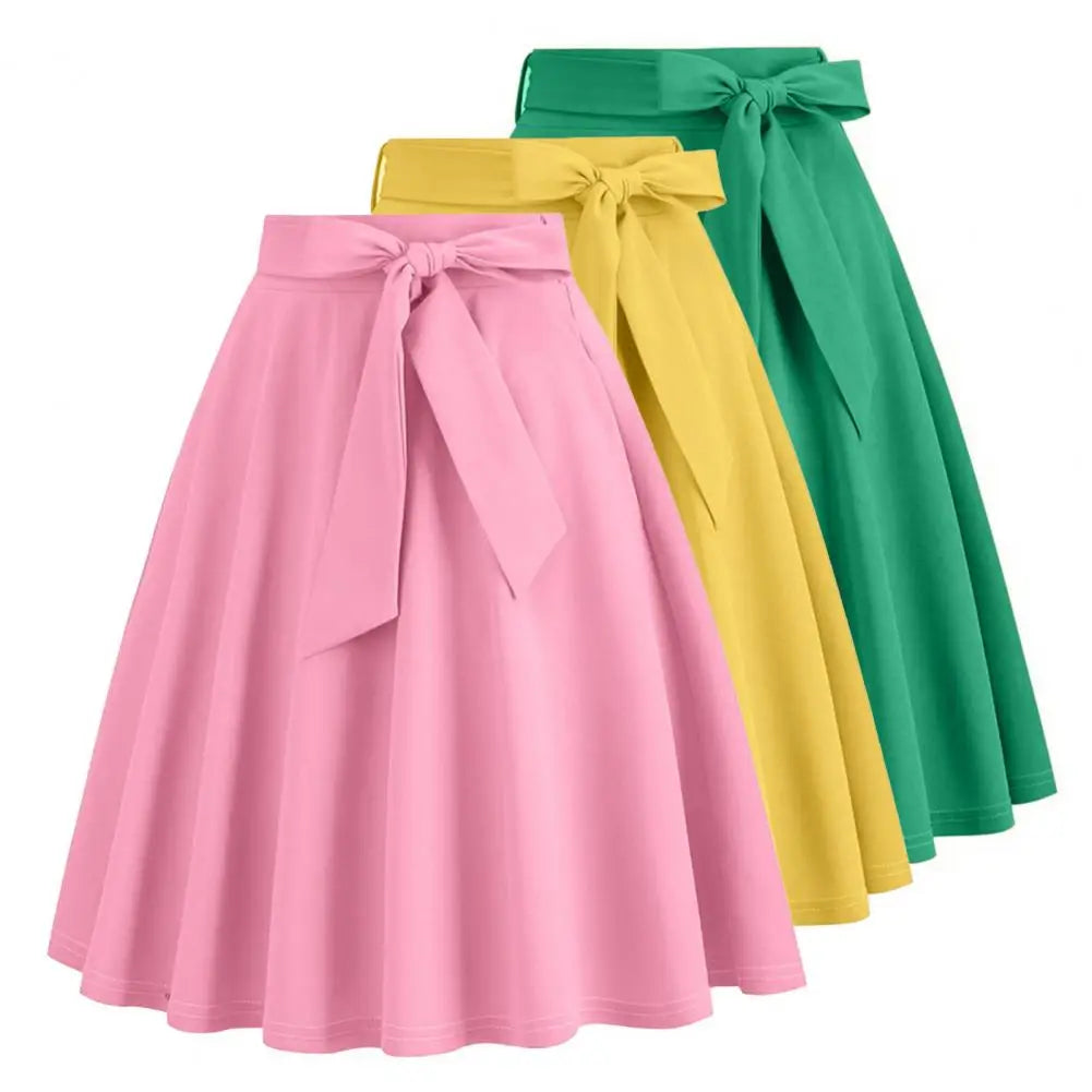 Women Skirt A-line Big Swing Belted Tight Waist Bow Decor Solid Color High Waist Soft Ruffle Summer Dating Party Midi Skirt