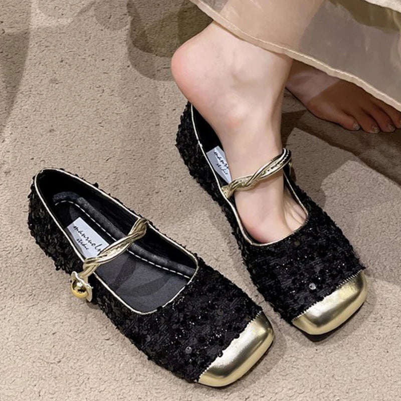 Elegant Solid Color Bling Mary Janes Shoes Women Spring Autumn Buckle Strap Party Flats Woman Shallow Square Top Shoes Lady